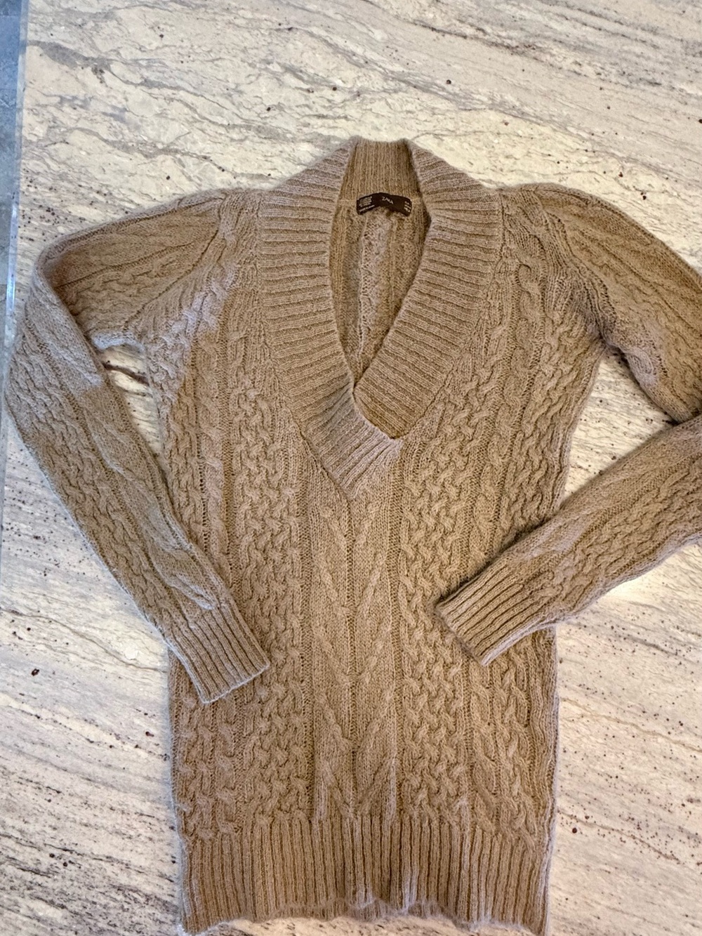 Zara Cable-Knit V-Neck Sweater in Tan